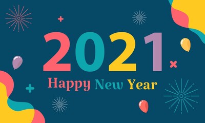 Happy New Year 2021 colorfull liquid vector illustration isolated on color background. included firework, balloon, etc. good for greeting cards, banners, web, parties and others.