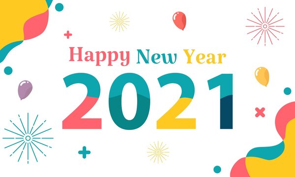 Happy New Year 2021 vector illustration isolated on white color background. include balloon, firework, etc. good for greeting cards, banners, web, parties and others.
