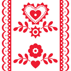 Ethnic Polish vector long seamless vector pattern, floral ornament with hearts inspired by traditional highlanders embroidery Lachy Sadeckie - textile or fabric print
	