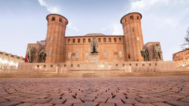 Turin, Italy - Time lapse  Medieval Acaja Castle square at sunset