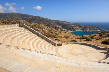The open-air theatre Odysseas Elytis made of stone and marble in the ancient Greek style on Ios Island. Cyclades Islands, Greece