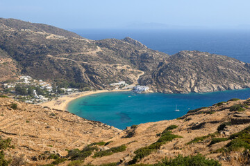 Top view of Mylopotas Beach, the most popular beach on Ios Island. Cyclades, Greece
