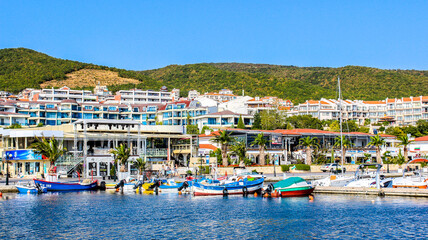 Fototapeta na wymiar Colorful boats in port of Saint Vlas (Marina Dinevi). Saint Vlas (Sveti Vlas), Bulgaria