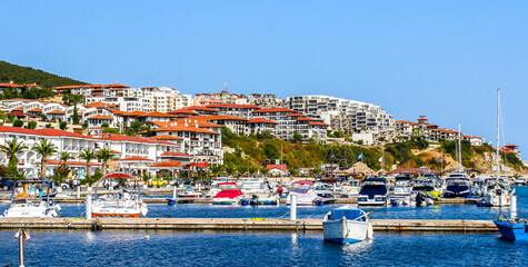 Naklejka premium Colorful boats in port of Saint Vlas (Marina Dinevi). Saint Vlas (Sveti Vlas), Bulgaria
