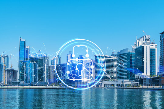 Skyscrapers of Dubai business downtown. International hub of trading and financial services. Lock icon hologram, concept of datum security. Double exposure. Dubai Canal waterfront.