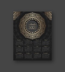 Vector calendar design 2021 with luxury ornamental mandala