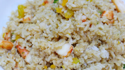 Closeup of fried rice with prawn meat.
