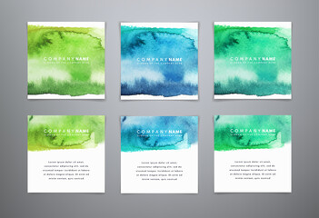 Set vector  watercolor templates in blue and green colors. Modern business backgrounds. Watercolor design