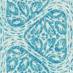 Teal blue floral weathered grunge texture background. Summer coastal farmhouse living home decor. Sun bleached rustic flower sea green material. Worn turquoise damask textile seamless pattern
