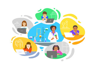 Virtual chemistry class online school distance learning teleconference. Kids stay home watching black woman teacher video lesson by computer. Remote education during coronavirus pandemic.