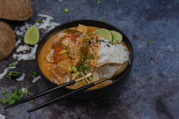 Vegan thai red curry  sauce with tofu, radddish and carrot over rice in black bowl with fork and spoon