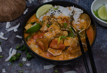 Vegan thai red curry  sauce with tofu, radddish and carrot over rice in black bowl with fork and spoon