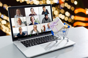 Christmas day Virtual meeting team teleworking. Family video call remote conference. Laptop webcam screen view. Diverse portrait headshots meet working from their home offices. Happy hour party online