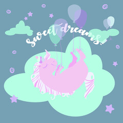 Fototapeta na wymiar sleeping unicorn on a cloud, balloons. vector flat illustration. print on clothing, tableware, textiles, sticker, banner, sticker, postcard, invitation. Scandinavian style.