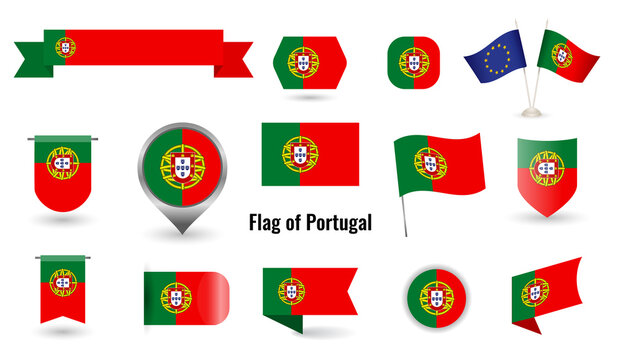 The Flag of Portugal. Big set of icons and symbols. Square and round Portugal flag. Collection of different flags of horizontal and vertical. vector illustration.