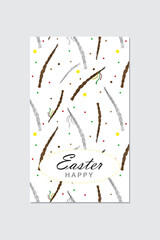 Happy Easter greeting card, template with willow branches. Vector stock illustration isolated on a grey background. Happy Easter. Good for spring and easter design.