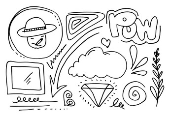 hand drawn set element,black on white background.emoticon,frame,clouds,arrow,heart,leaf,swishes,swoops,emphasis,swirl,heart,for concept design.