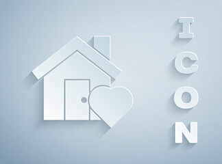 Paper cut House with heart shape icon isolated on grey background. Love home symbol. Family, real estate and realty. Paper art style. Vector Illustration