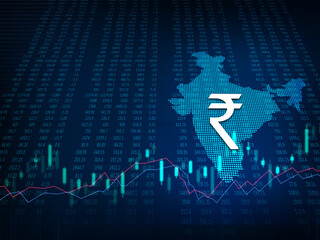 Goods and Services Tax India, GST with Indian rupee symbol, abstract background with GST tax slabs illustration, GST finance background with stock market data, rupee currency