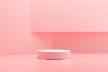 pink background with a pedestal and a showcase. 3d illustration