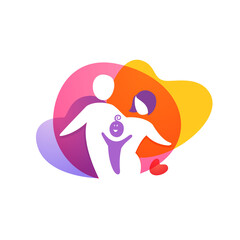 Happy family emblem on a watercolor splash background.