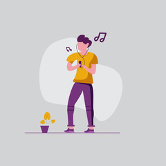 Vector illustration, a young man listening to music through a headset,  modern flat people character