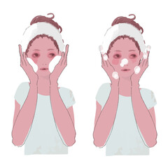 泡洗顔 洗顔 顔を拭く 女性の横顔のイラストセット Wall Mural Tabin