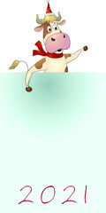 Vector illustration comical bull dressed as Santa Claus with scroll Christmas isolated on white. New year 2021 ox symbol. Cute calf cartoon character. The cow wear red winter costume holding plates