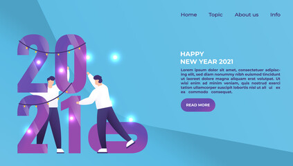 landing page template vector happy new year 2021. people change the number 0 to 1. decorate and celebrate annual parties or events. Group of friends or team wish happy New Year. flat style design