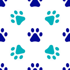 Fototapeta na wymiar Blue Paw print icon isolated seamless pattern on white background. Dog or cat paw print. Animal track. Vector.