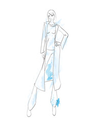 Sketch of a beautiful young woman in a coat, against a background of watercolor stains. Fashion illustration.