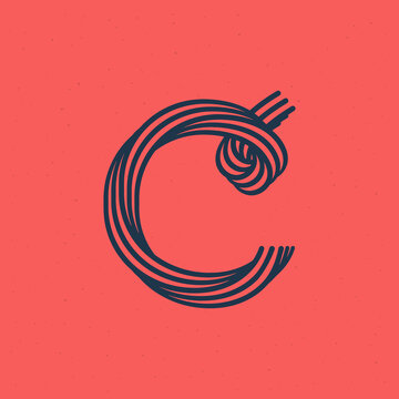 C letter logo made of five parallel lines with noise texture. Impossible shape style.