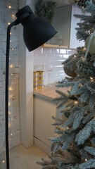 New Year decoration, Christmas kitchen interior,, vertical photo
