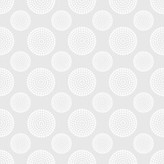 Grey and white seamless polka dot pattern, vector illustration. Seamless pattern with white circles of dots on gray. Geometric background for web and print