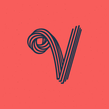 V letter logo made of five parallel lines with noise texture. Impossible shape style.