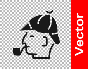 Black Sherlock Holmes with smoking pipe icon isolated on transparent background. Detective.  Vector.