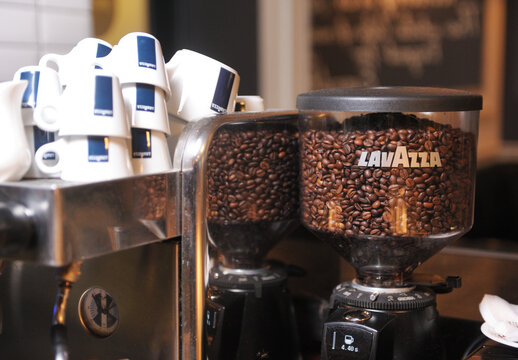 Paris,France - December
 15, 2019:Coffee machine with cups and a coffee grinder Lavazzа.