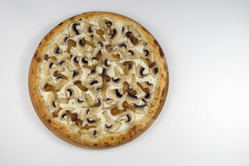 
pizza with mushrooms on white top