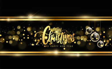 card or banner on Merry Christmas and Happy New Year in gold on a black background with round and golden Christmas balls in bokeh effect