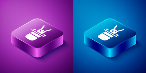 Isometric Magician hat and rabbit icon isolated on blue and purple background. Magic trick. Mystery entertainment concept. Square button. Vector.