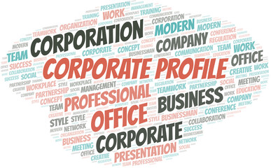 Corporate Profile vector word cloud, made with text only.