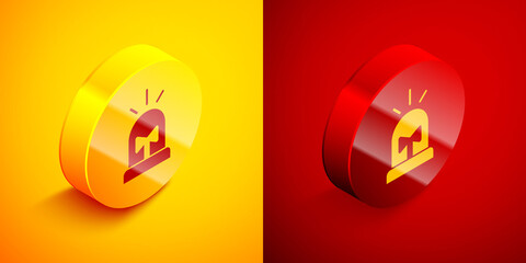 Isometric Flasher siren icon isolated on orange and red background. Emergency flashing siren. Circle button. Vector.