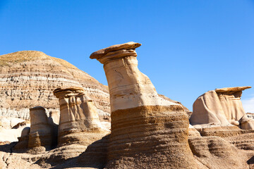 Drumheller badlands at the Dinosaur Provincial Park in Alberta, where rich deposits of fossils and...