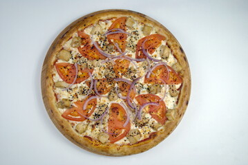 
pizza with spices East on white top