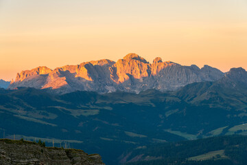 Beautiful alpine morning view of the Schlern mountains at the famous Seiser Alm, South Tyrol, Italy