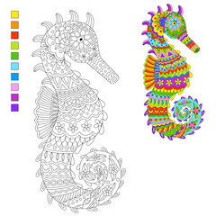 Ornate stylized seahorse for children coloring book. Cartoon hippocampus with floral texture for kids coloring page. Color vector illustration isolated on white background.