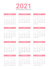 Calendar 2021 start from monday, year at glance