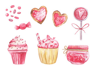 Romantic watercolor collection with pink desserts on a white background.Watercolor illustration for Valentine's day. High quality illustration