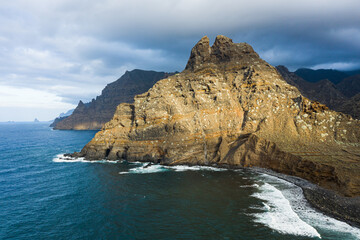 Aerial capture of the beautiful mountains at the coastline, Punta del Hidalgo, Tenerife, Canaries