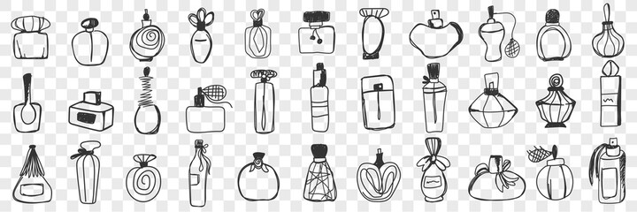 Perfume containers doodle set. Collection of hand drawn vintage stylish bottle and jars for perfume and toilet water isolated on transparent background. Illustration of glass bottles with fragrances 